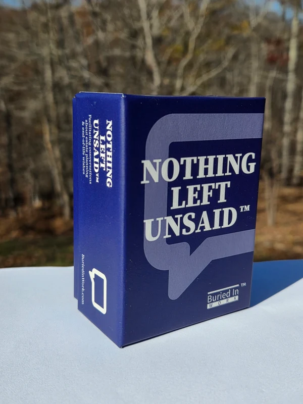 The Nothing Left Unsaid box, navy with a speech bubble
