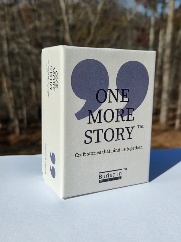 The One More Story box, cream with a large quotation mark and the line "Craft stories that bind us together"