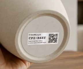 The base of a ceramic urn carrying a RetURN.org ID label, a short code and a QR code that opens the record of the person inside